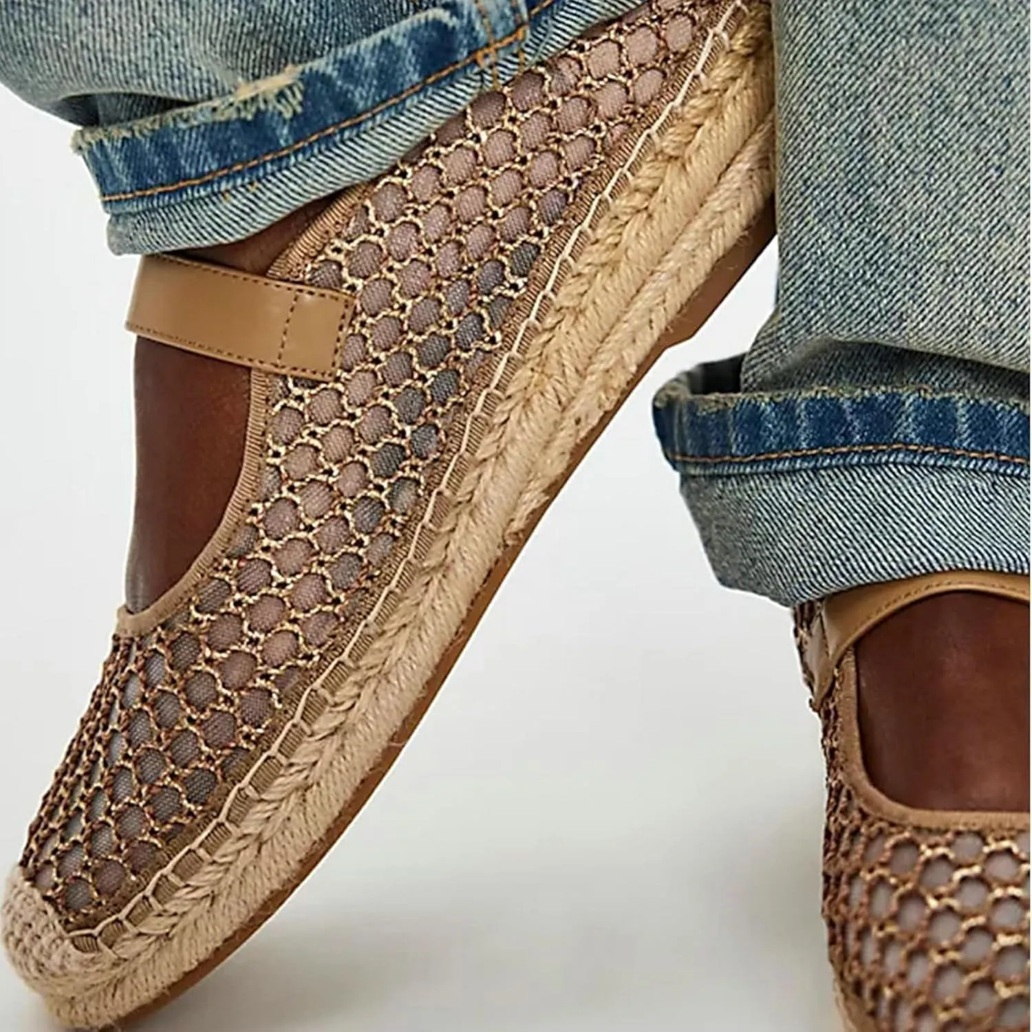 KysBloes Woven Platform Mary Janes Espadrille Flats for Women Wegde Mesh Ballet Flats Fishnet Buckle Strap Pumps Raffia Ballerina Shoes