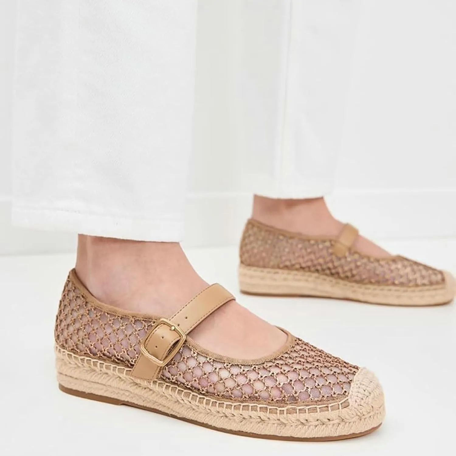 KysBloes Woven Platform Mary Janes Espadrille Flats for Women Wegde Mesh Ballet Flats Fishnet Buckle Strap Pumps Raffia Ballerina Shoes