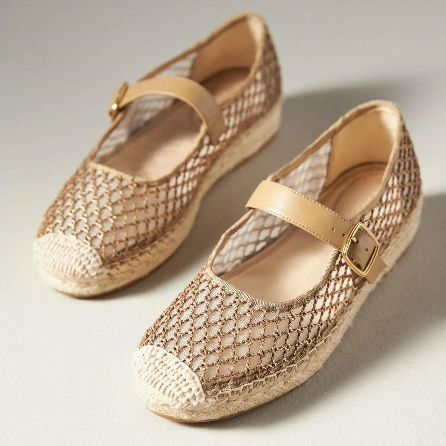 KysBloes Woven Platform Mary Janes Espadrille Flats for Women Wegde Mesh Ballet Flats Fishnet Buckle Strap Pumps Raffia Ballerina Shoes