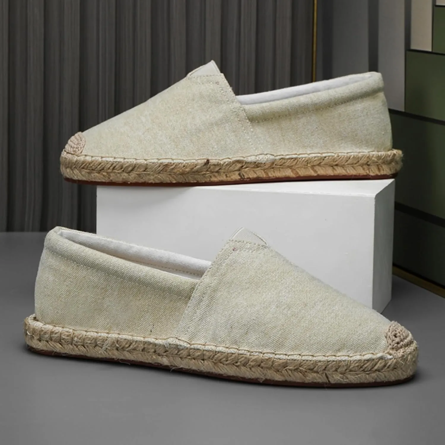 Mens Breathable Canvas Slip-On Espadrilles Loafers Casual Lightweight Flax Cloth Flats Alpargata for Walking Driving Soft Boat Shoes