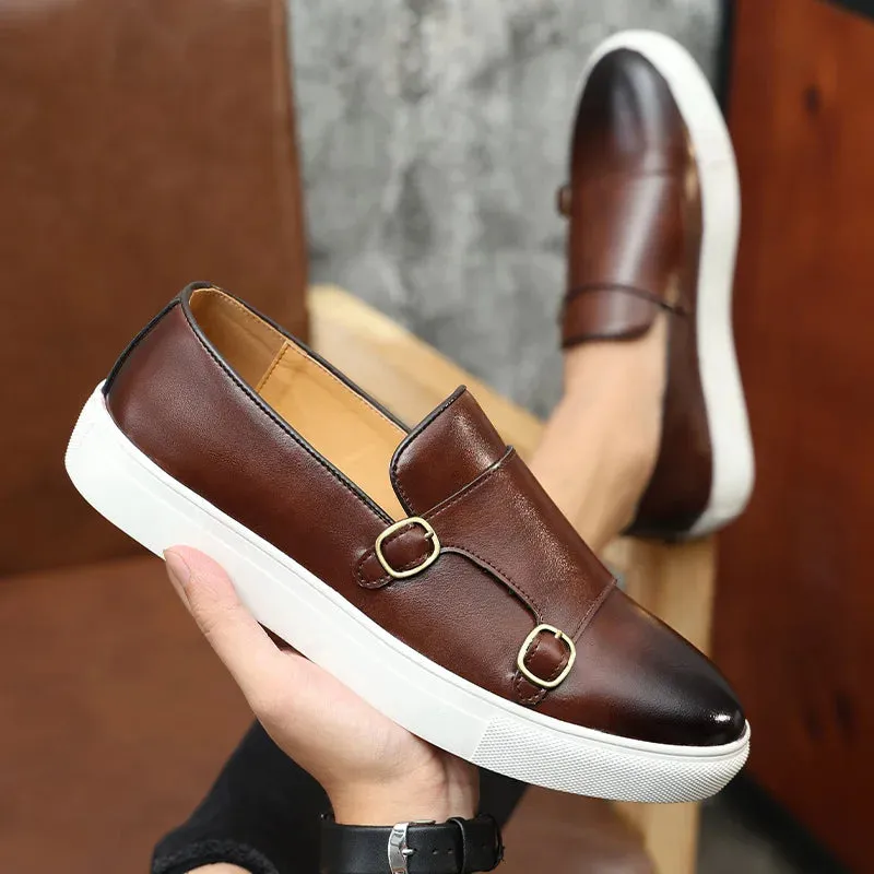 Men’s Casual Leather Shoes – British Style Fashion Loafers, Slip-On Monk Flats
