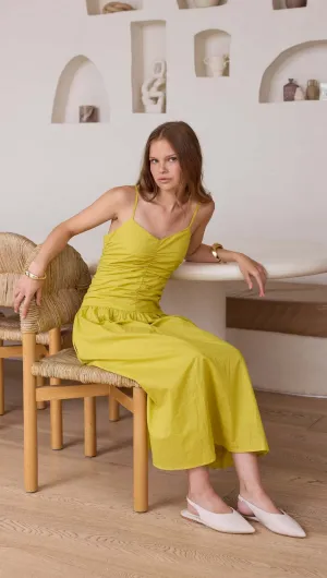 Minkpink - Mariposa Ruched Midi Dress in Chartreuse
