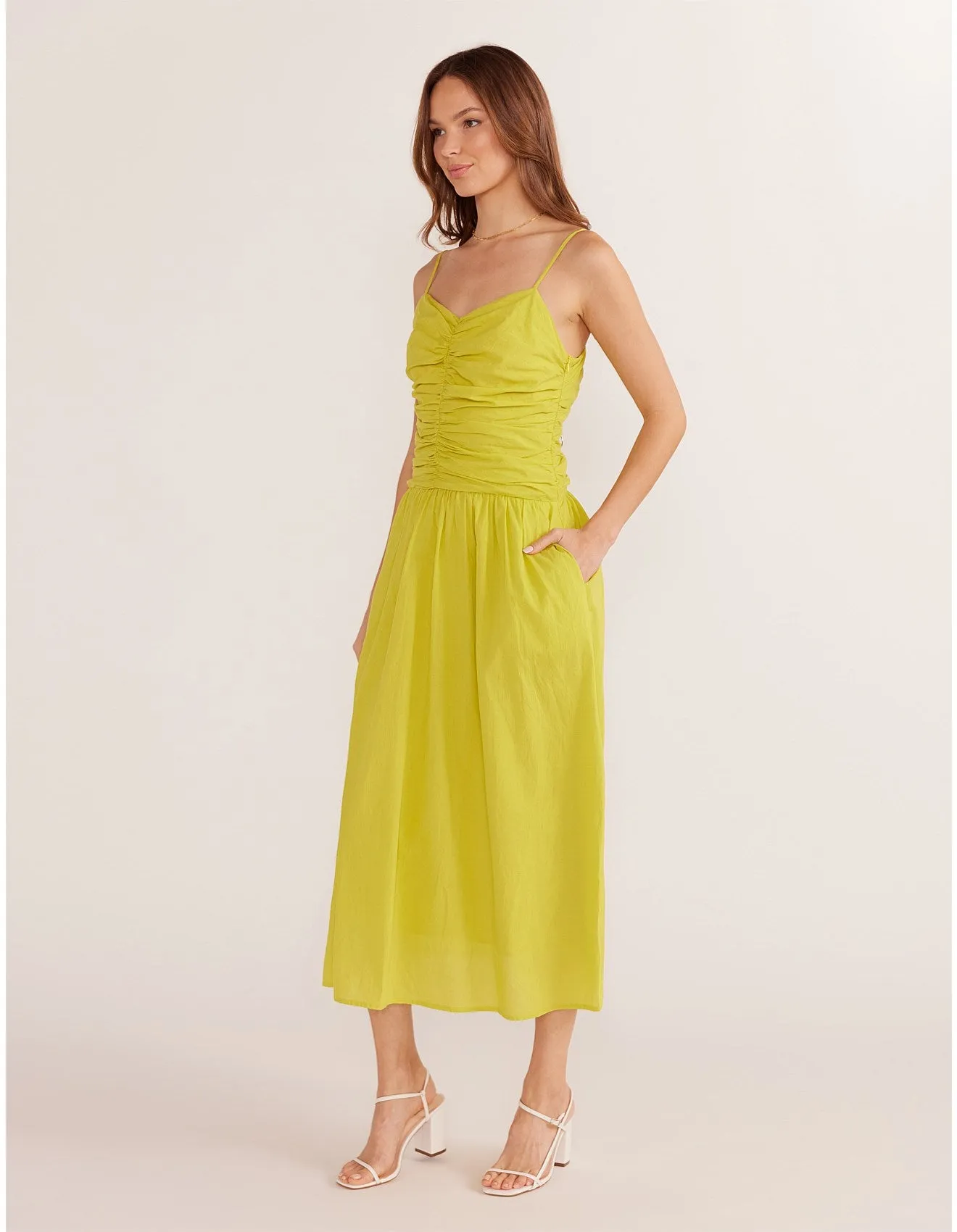 Minkpink - Mariposa Ruched Midi Dress in Chartreuse