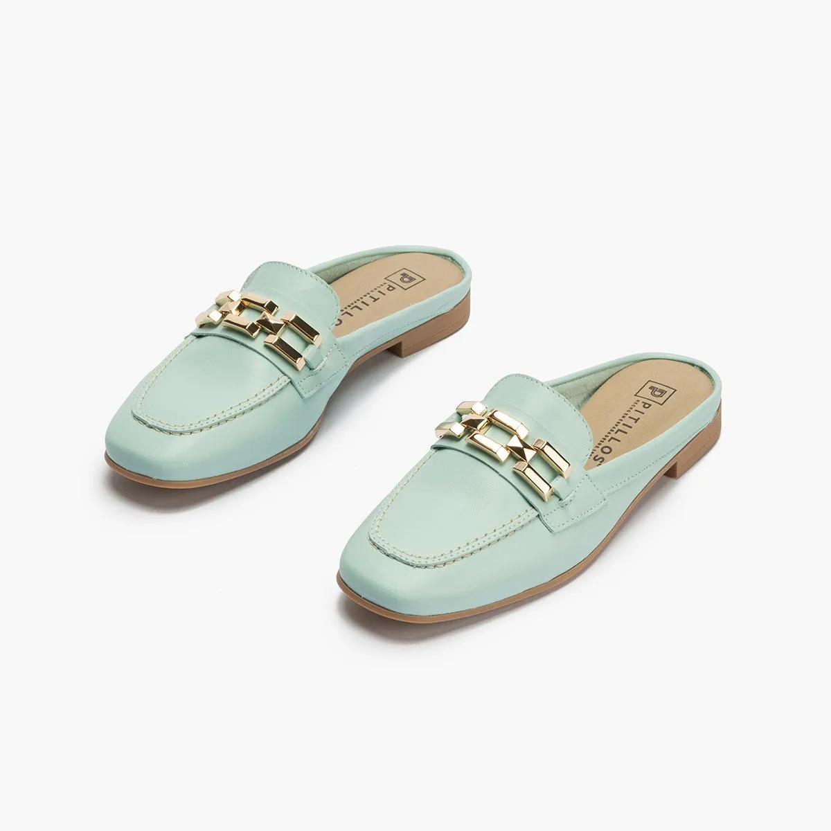Mocasines de mujer zueco estilo mule con adorno y tacón bajo AZUL