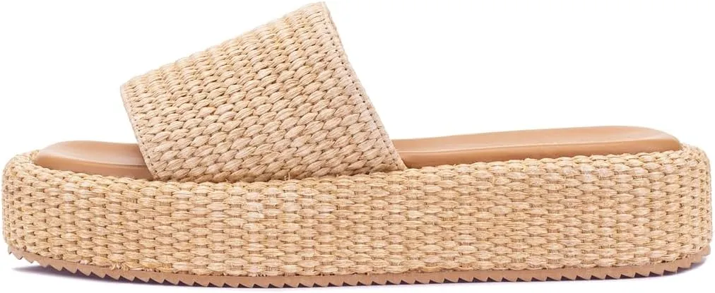 Monrovia Platform Sandals for Women, Wedge Espadrille Slides with Raffia Straw, Comfortable Brown Summer Sandals for Beach, Walking, Camping, Vacation