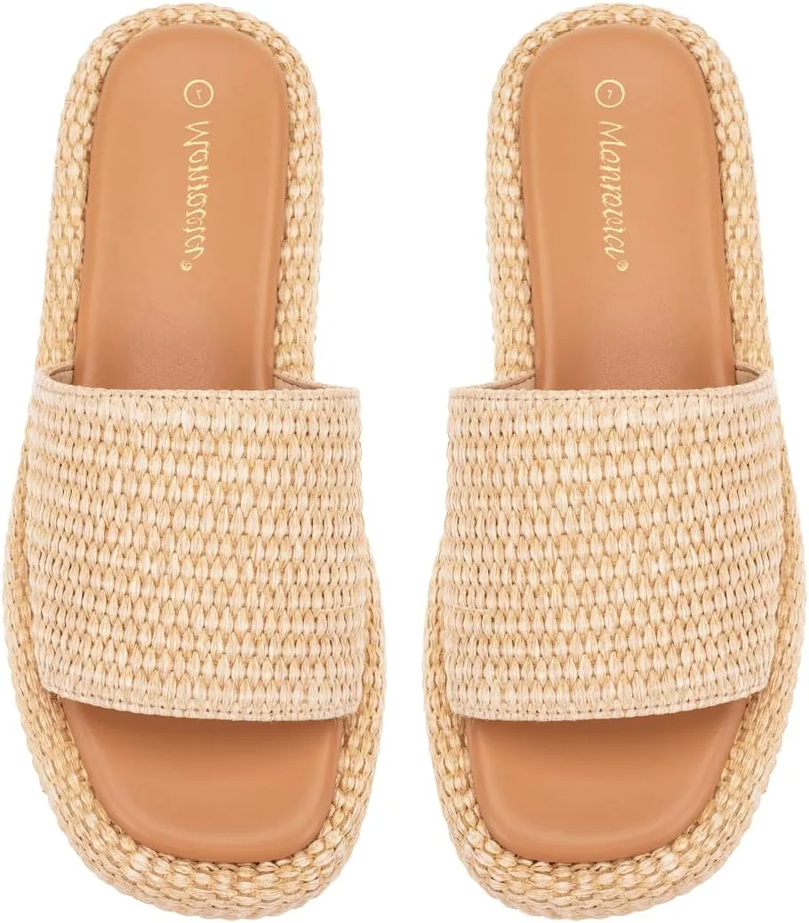 Monrovia Platform Sandals for Women, Wedge Espadrille Slides with Raffia Straw, Comfortable Brown Summer Sandals for Beach, Walking, Camping, Vacation