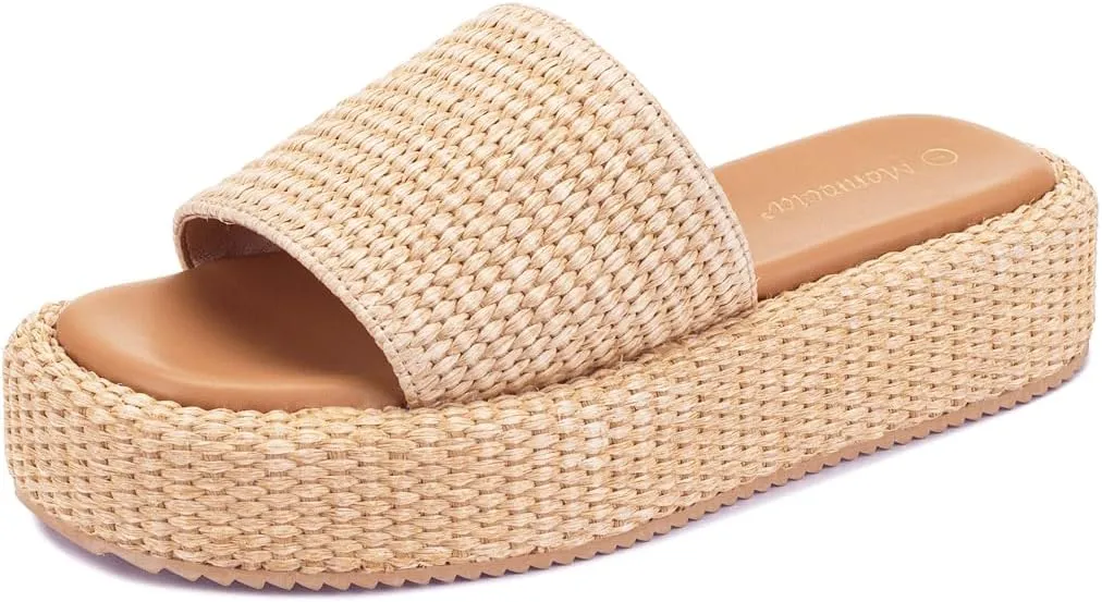 Monrovia Platform Sandals for Women, Wedge Espadrille Slides with Raffia Straw, Comfortable Brown Summer Sandals for Beach, Walking, Camping, Vacation