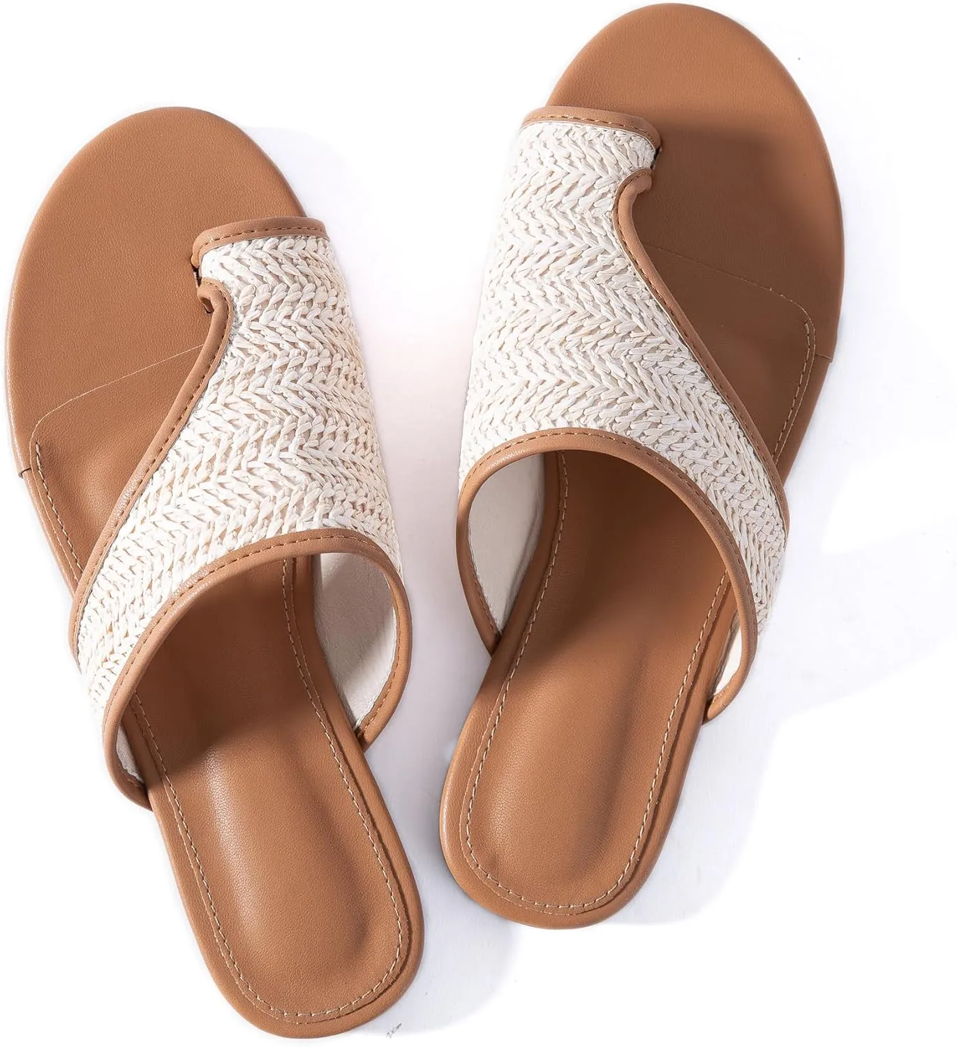Mtzyoa Women Flat Sandals Straw Braided Orthopedic Support Non-Slip Cushion Casual Solid Dressy Comfortable Vacation Evening Wear