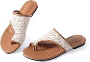 Mtzyoa Women Flat Sandals Straw Braided Orthopedic Support Non-Slip Cushion Casual Solid Dressy Comfortable Vacation Evening Wear