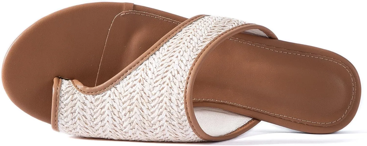 Mtzyoa Women Flat Sandals Straw Braided Orthopedic Support Non-Slip Cushion Casual Solid Dressy Comfortable Vacation Evening Wear