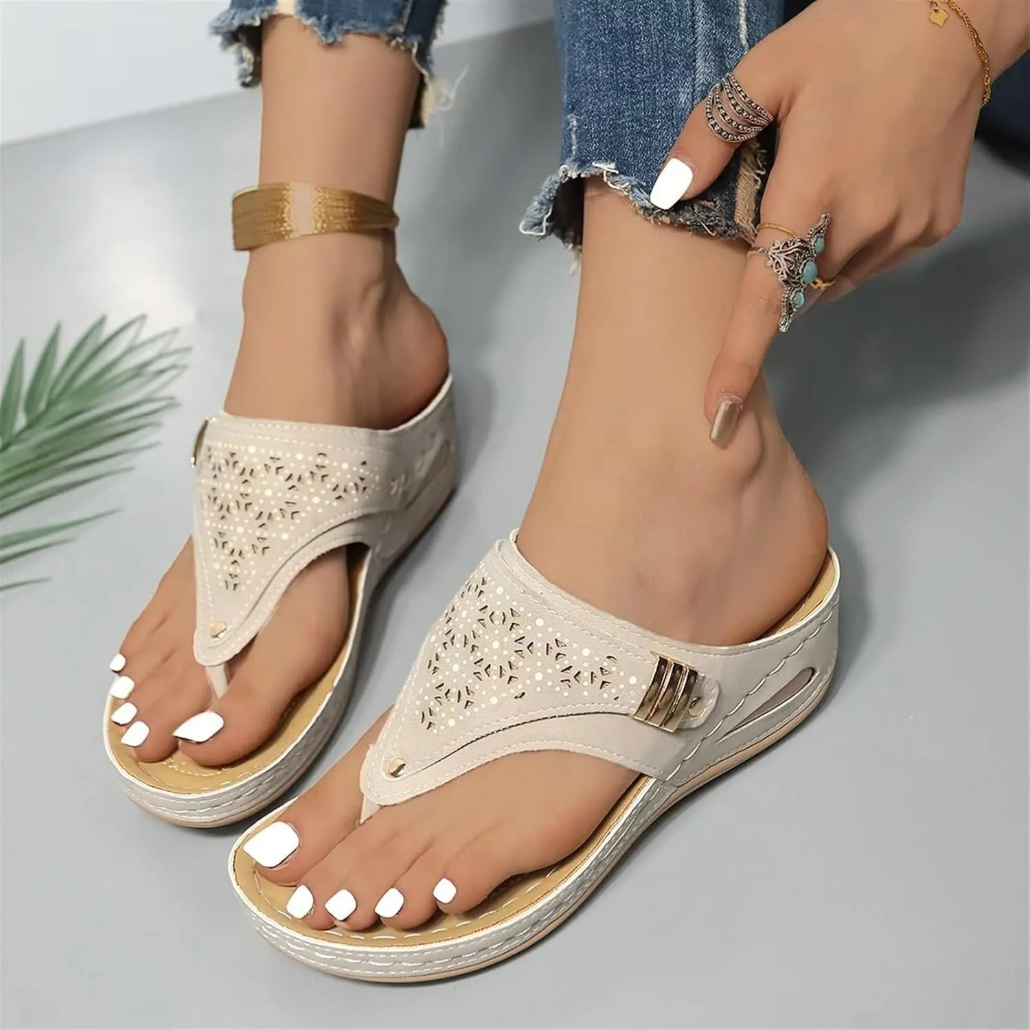 Orthopedic Sandals for Women Arch Support Platform Wedges Comfortable Flip Flops Slip on Mesh Hollow Sports Sandal