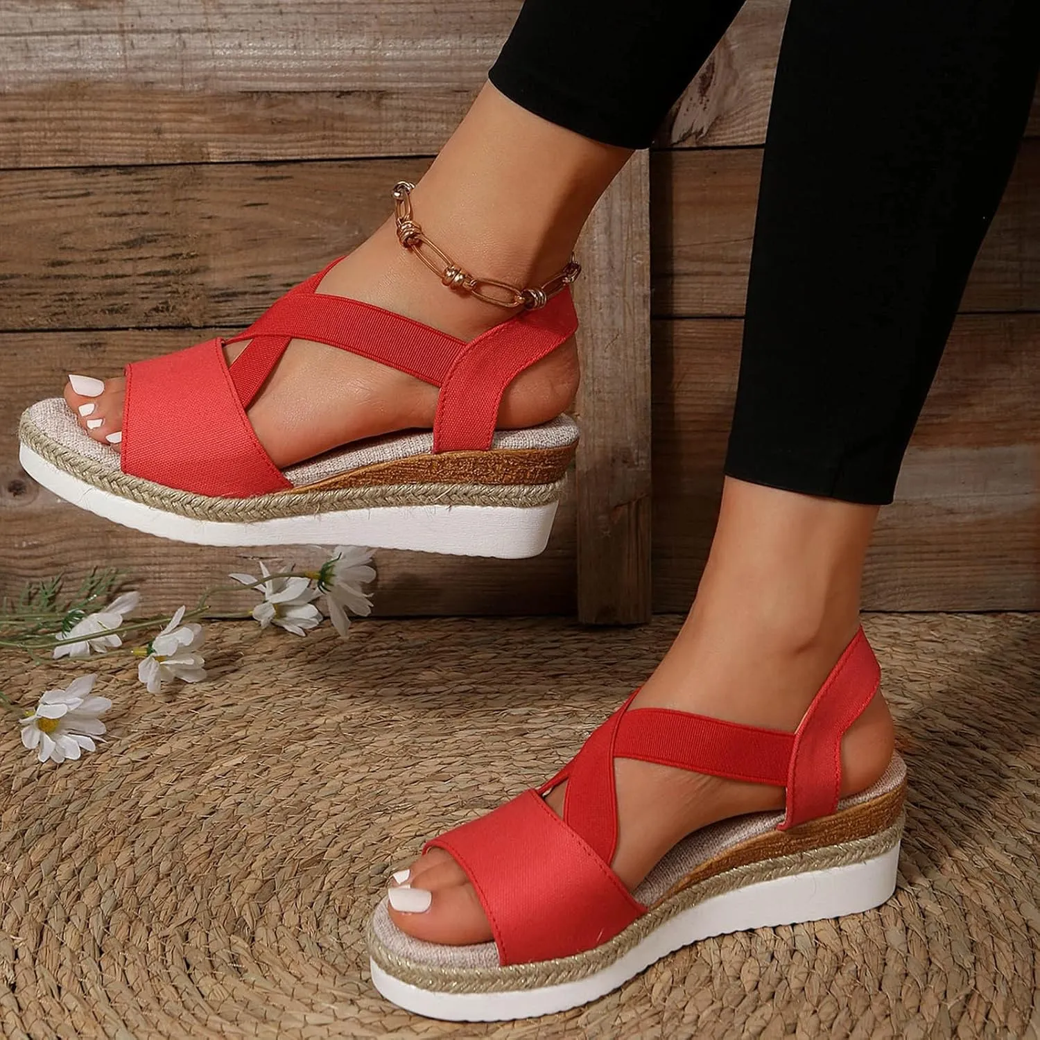 Orthopedic Wedge Sandals for Women,Open Toe Strap Platform Ankle Sandals Casual Strappy Low Wedges Sandal Hollow Out Boho Comfortable Outdoor Slip on Sandal