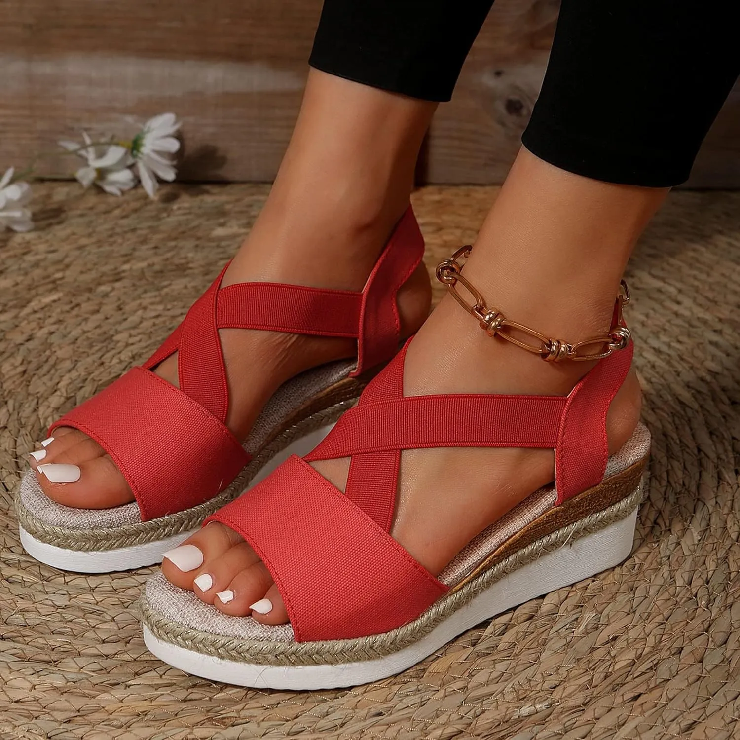 Orthopedic Wedge Sandals for Women,Open Toe Strap Platform Ankle Sandals Casual Strappy Low Wedges Sandal Hollow Out Boho Comfortable Outdoor Slip on Sandal