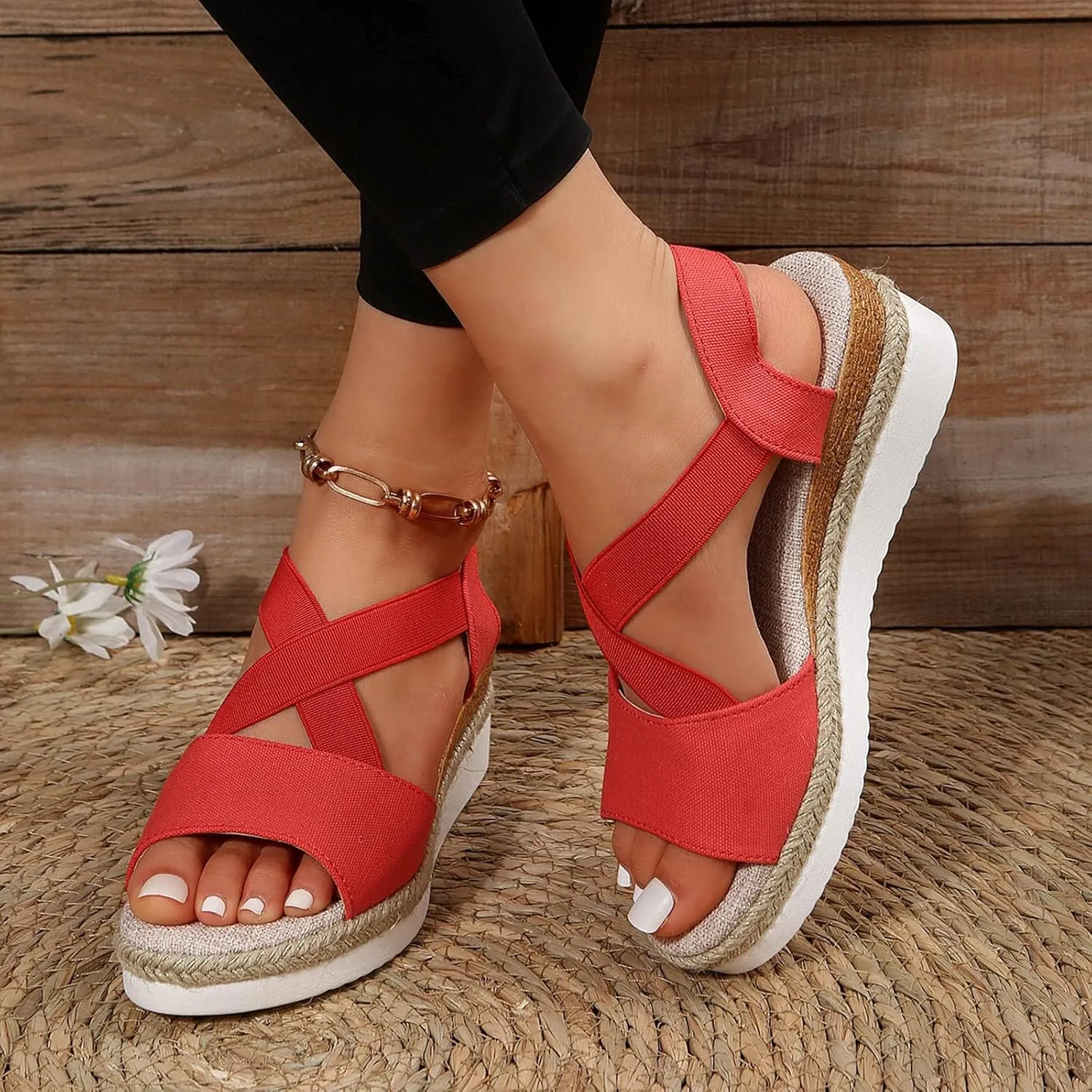 Orthopedic Wedge Sandals for Women,Open Toe Strap Platform Ankle Sandals Casual Strappy Low Wedges Sandal Hollow Out Boho Comfortable Outdoor Slip on Sandal