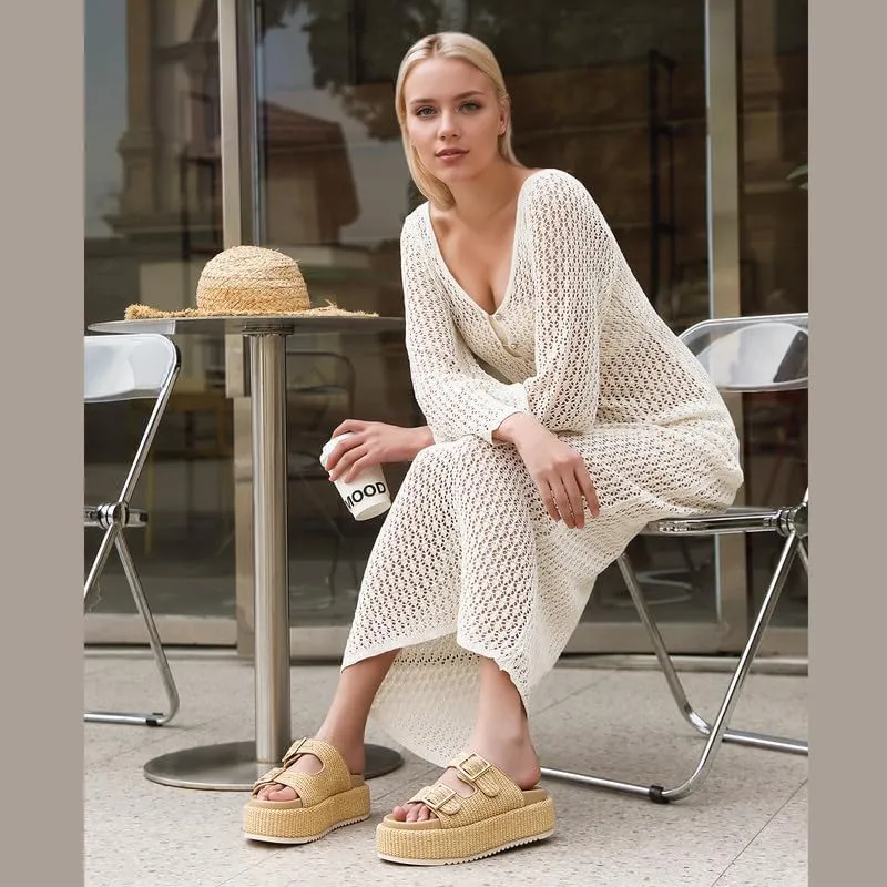 Platform Sandals for Women Espadrille Wedges Summer Beach Comfortable Open Toe Cute Woven Straw Crochet Vacation Slides Mules Casual