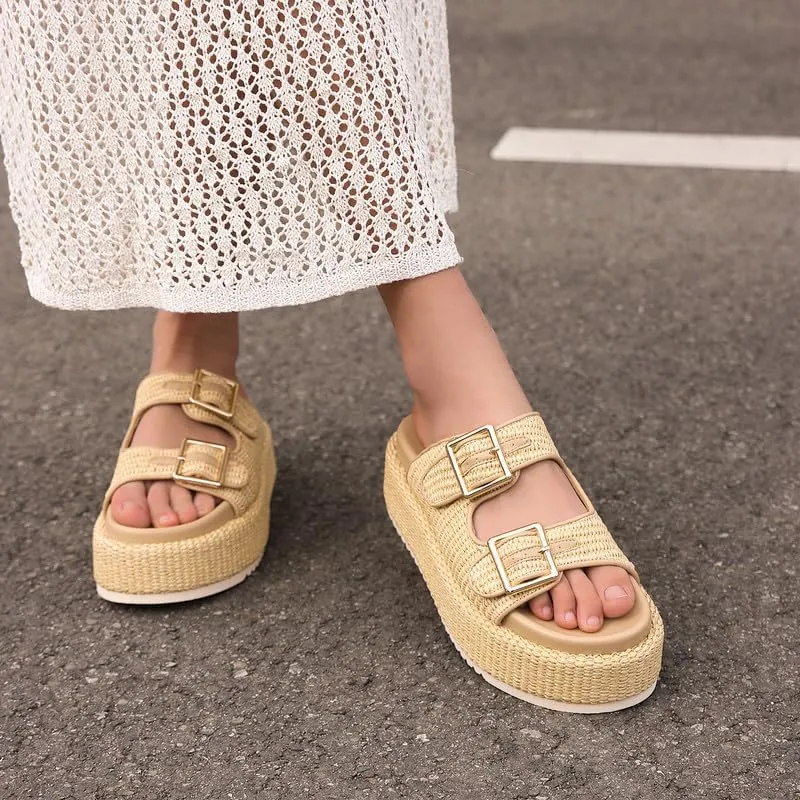 Platform Sandals for Women Espadrille Wedges Summer Beach Comfortable Open Toe Cute Woven Straw Crochet Vacation Slides Mules Casual
