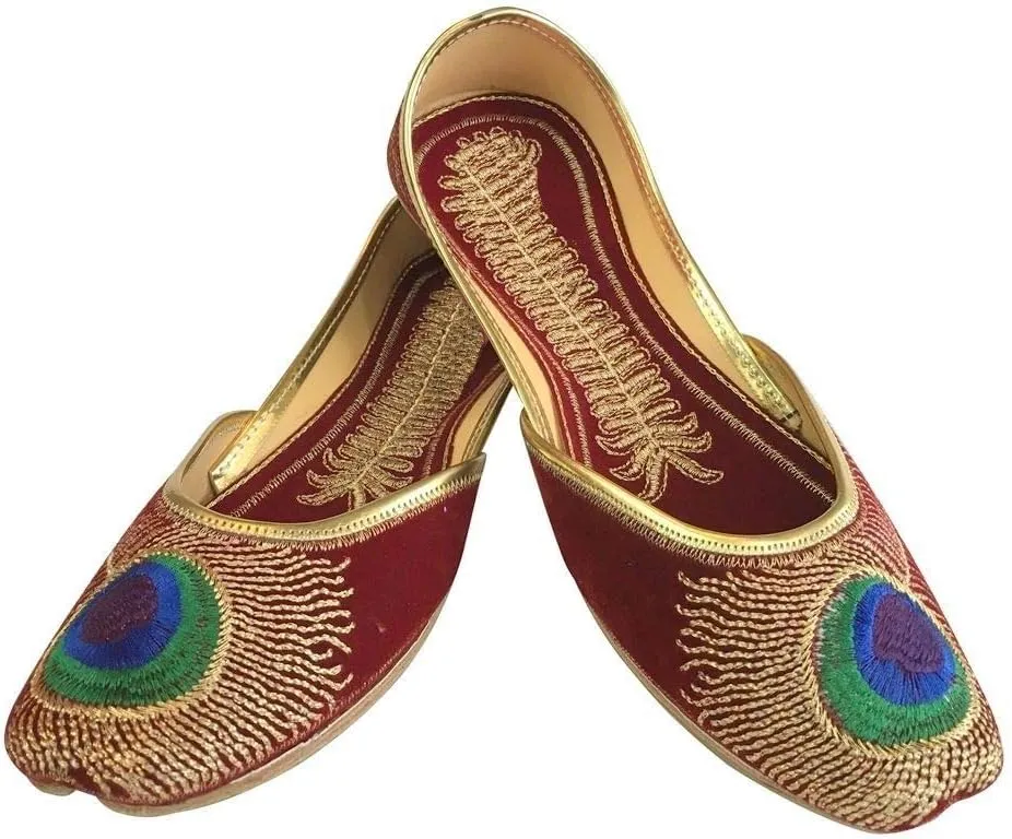 Royal Women Traditional Mehroon Peacock Punjabi Indian Jutti Mojari Flip Flops