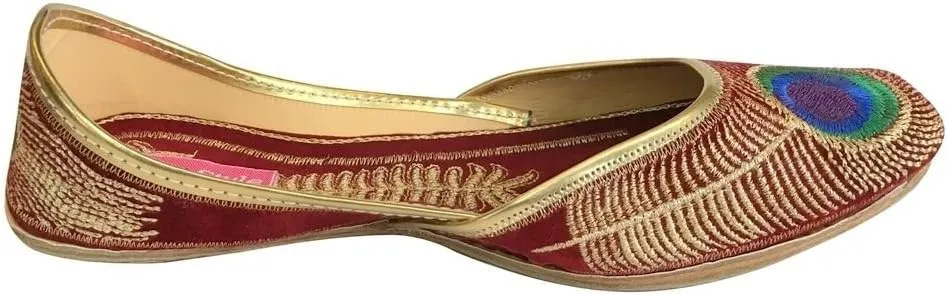 Royal Women Traditional Mehroon Peacock Punjabi Indian Jutti Mojari Flip Flops