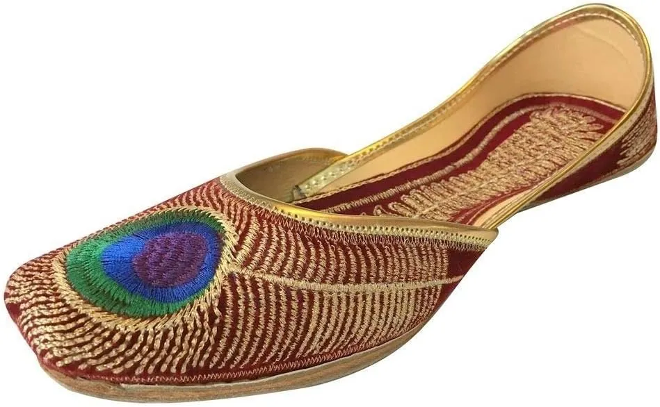Royal Women Traditional Mehroon Peacock Punjabi Indian Jutti Mojari Flip Flops