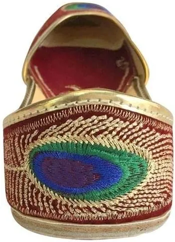 Royal Women Traditional Mehroon Peacock Punjabi Indian Jutti Mojari Flip Flops