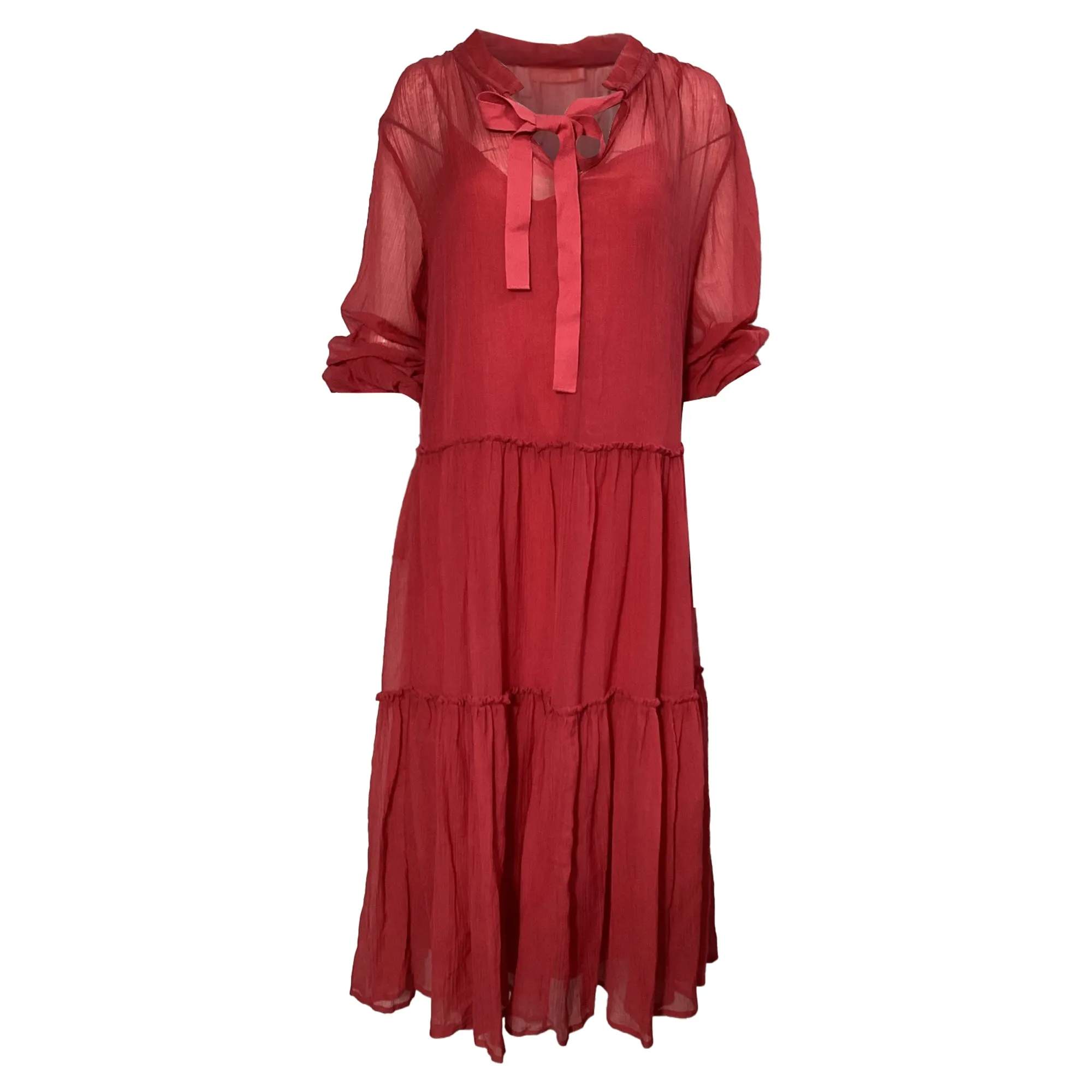 See by Chloé Bow Tiered Midi Dress in Red Cotton
