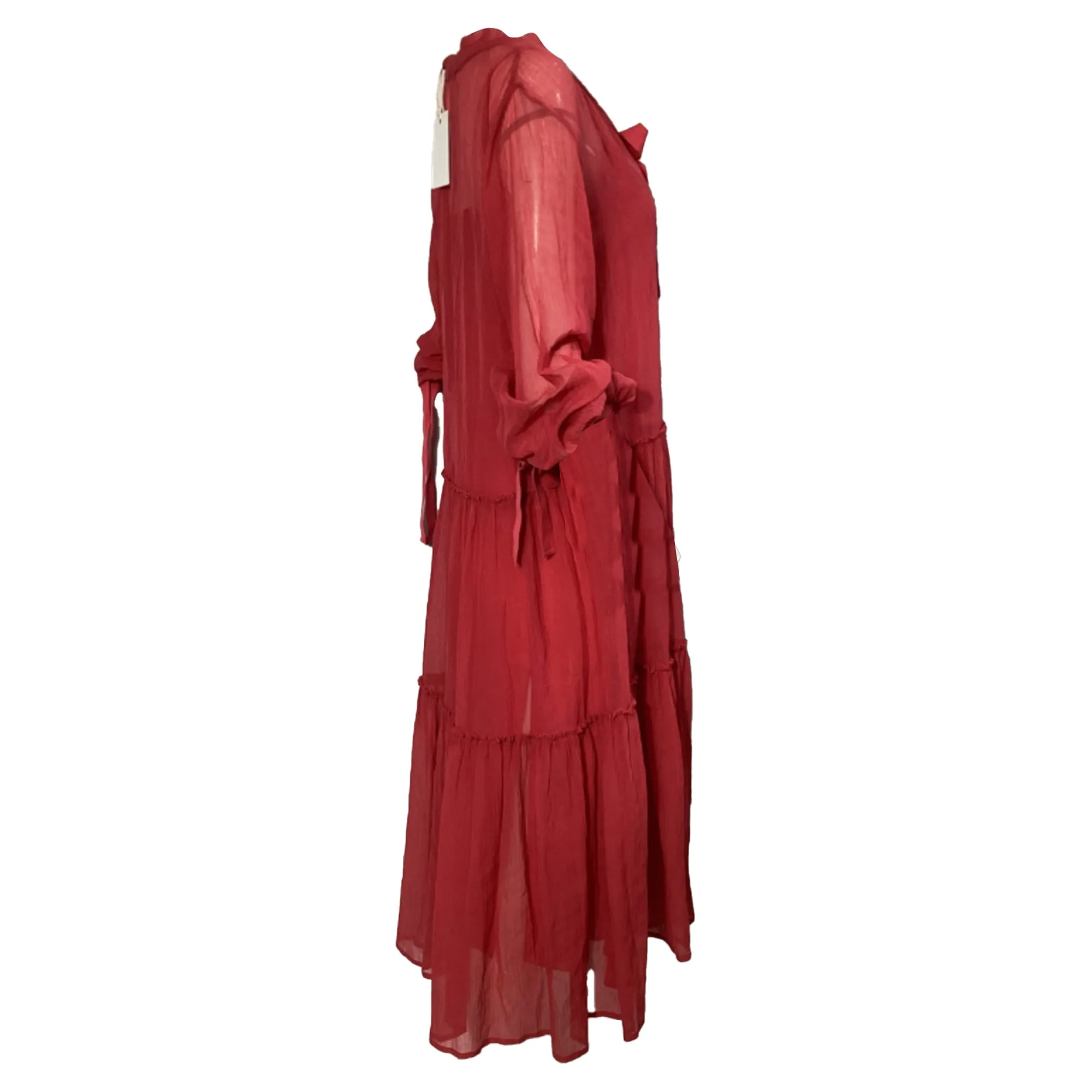 See by Chloé Bow Tiered Midi Dress in Red Cotton