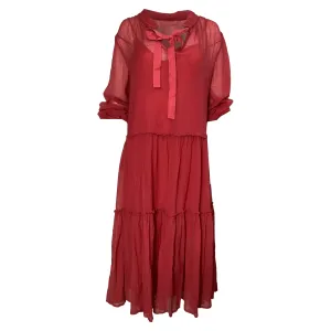 See by Chloé Bow Tiered Midi Dress in Red Cotton