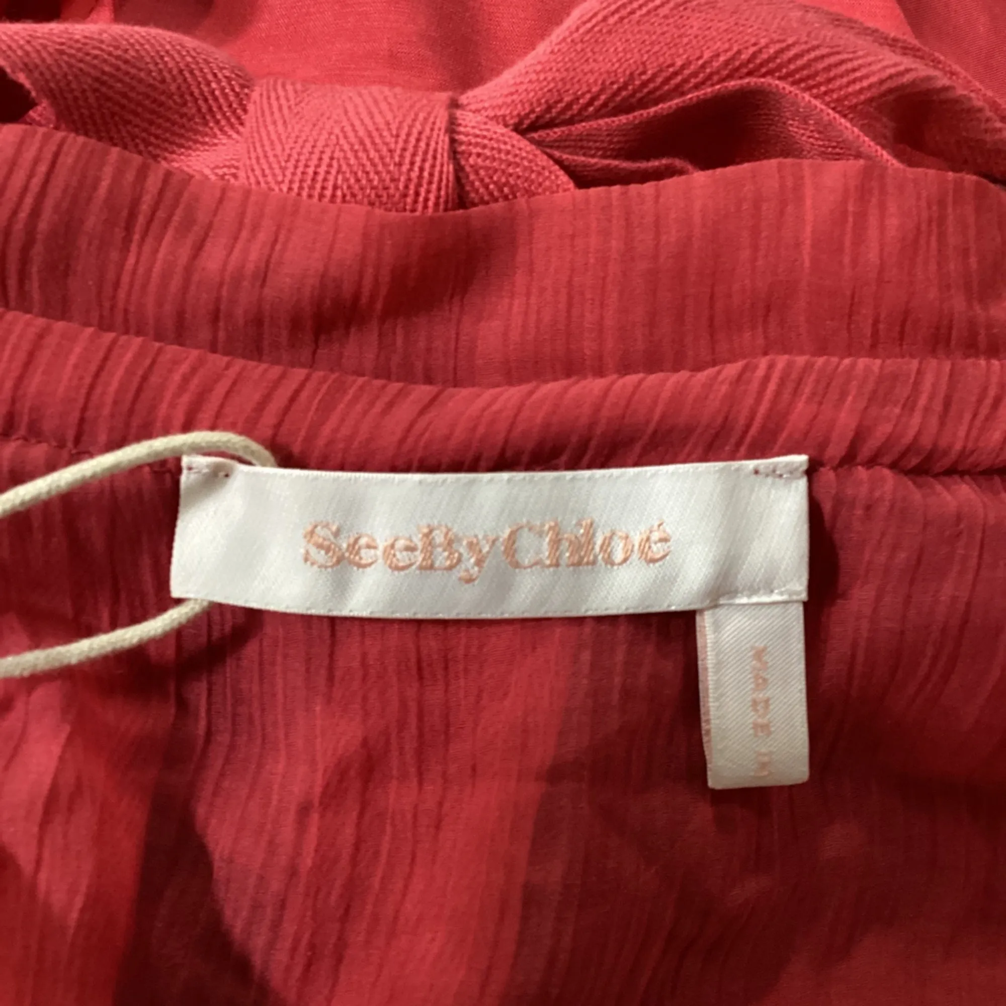 See by Chloé Bow Tiered Midi Dress in Red Cotton