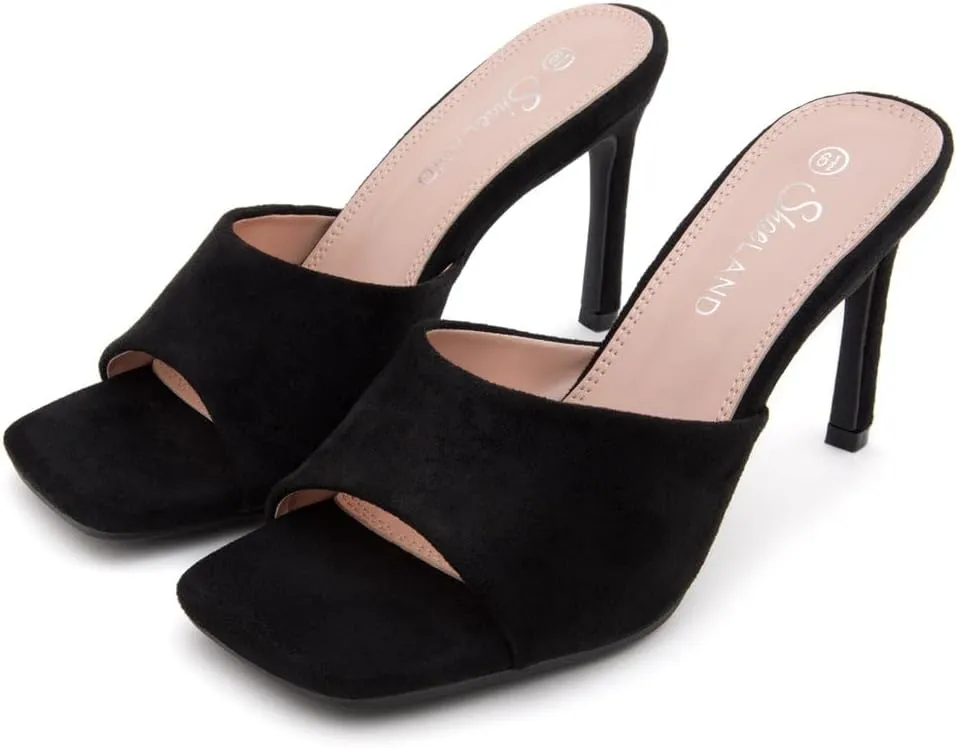 Shoe Land Melrose Women's High Heels Stiletto Heeled Slides, Square Open Toe One Band Slip-On Heeled Mules – Dressy Clear Heeled Sandals for Prom Party Wedding and Vacation