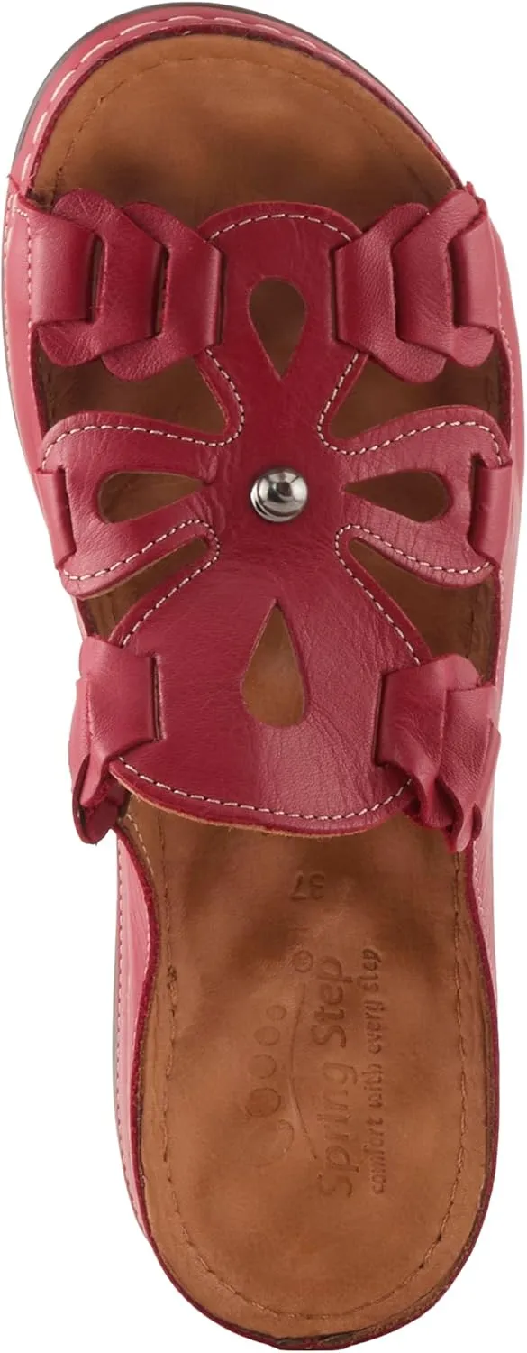 Spring Step Women's MEZERA Genuine Leather Slide Sandal – Flower Cut-Out Design, Contrasting Stitching, Comfortable Footbed