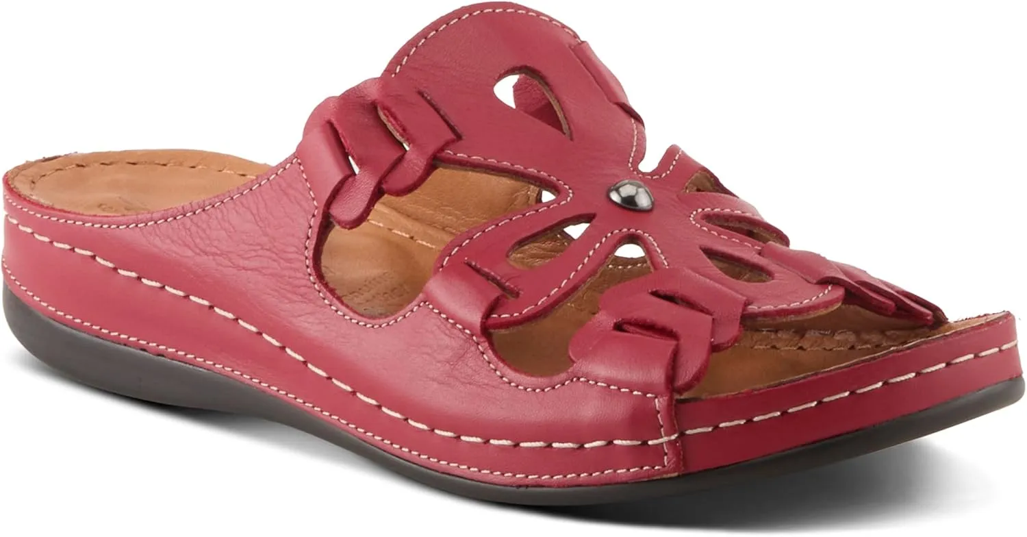 Spring Step Women's MEZERA Genuine Leather Slide Sandal – Flower Cut-Out Design, Contrasting Stitching, Comfortable Footbed