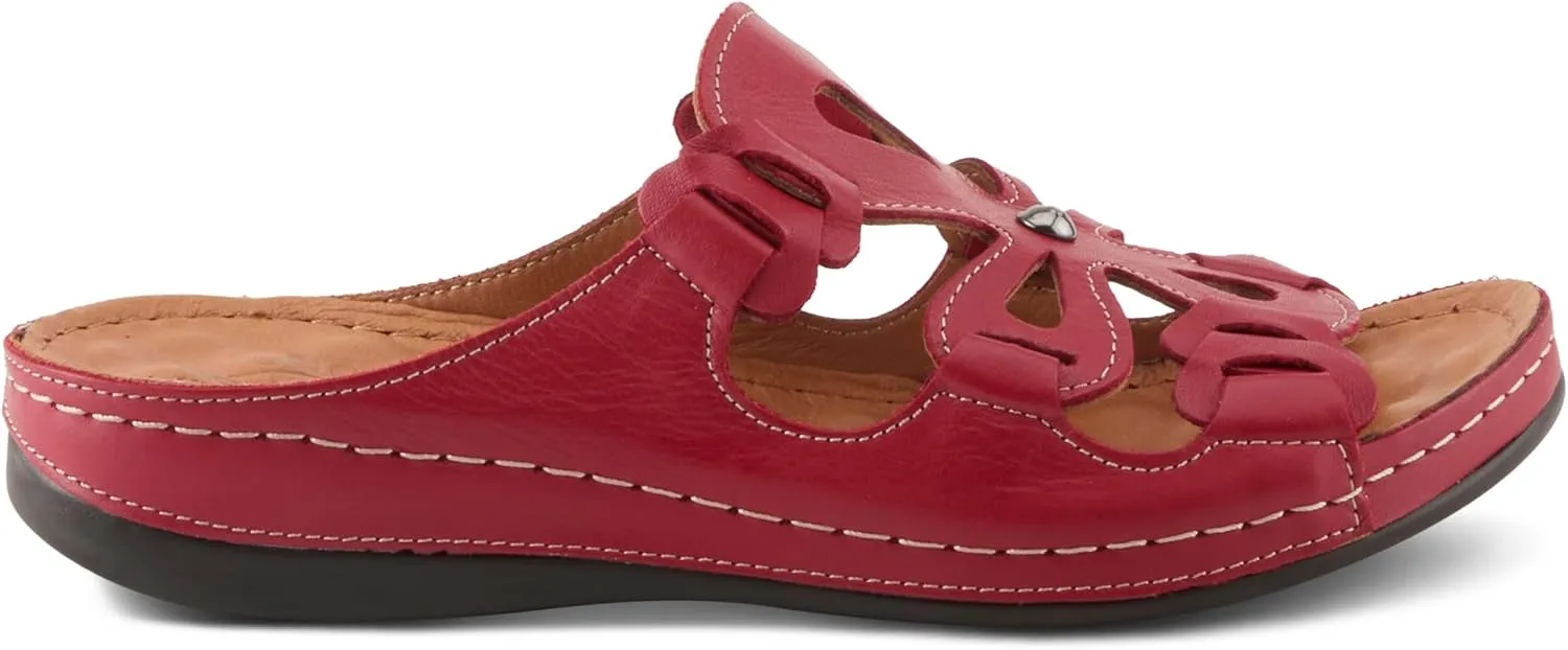 Spring Step Women's MEZERA Genuine Leather Slide Sandal – Flower Cut-Out Design, Contrasting Stitching, Comfortable Footbed