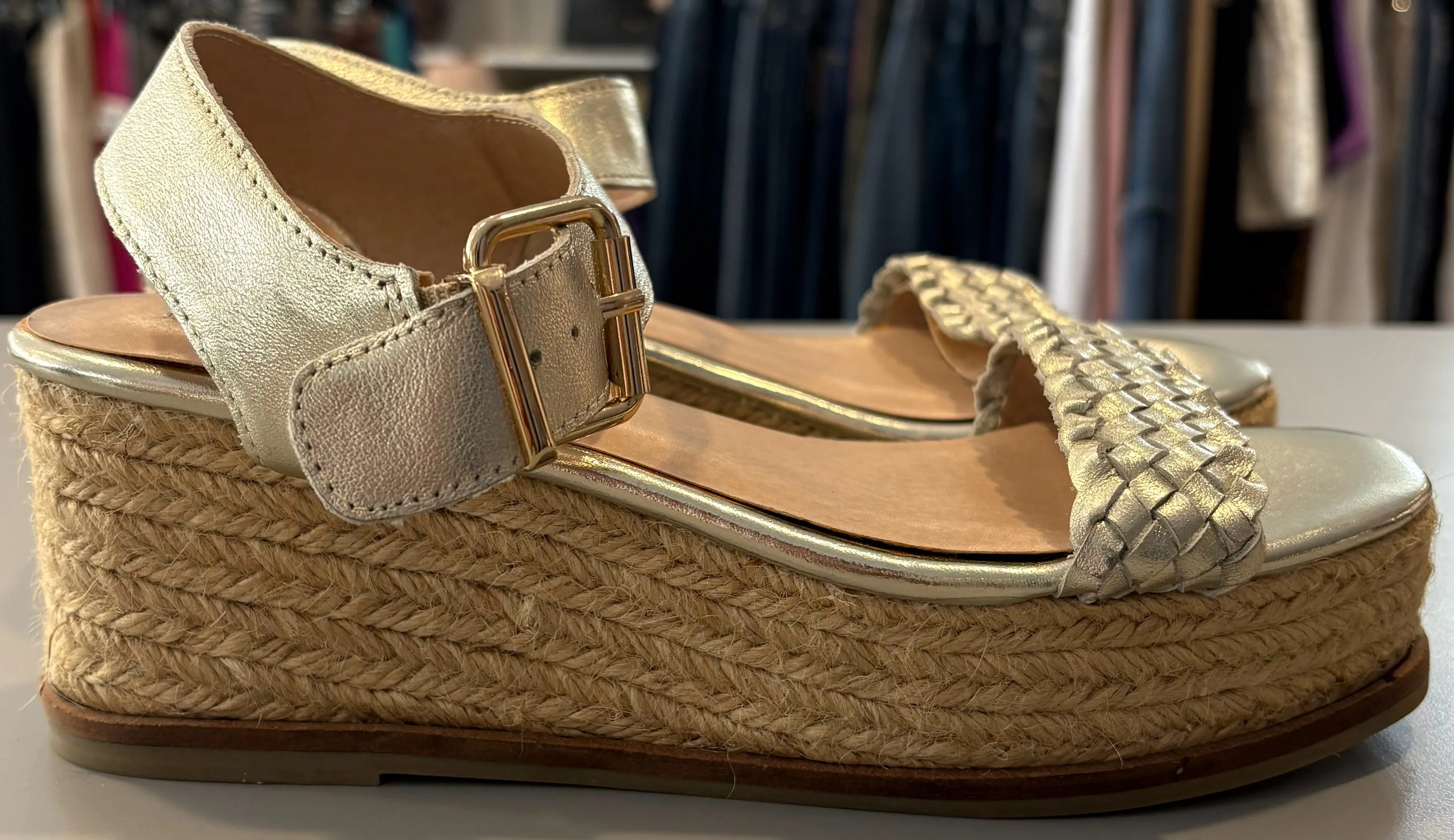 Steven by Steve Madden Sabble Gold Leather Espadrille Wedges Size: 8.5B