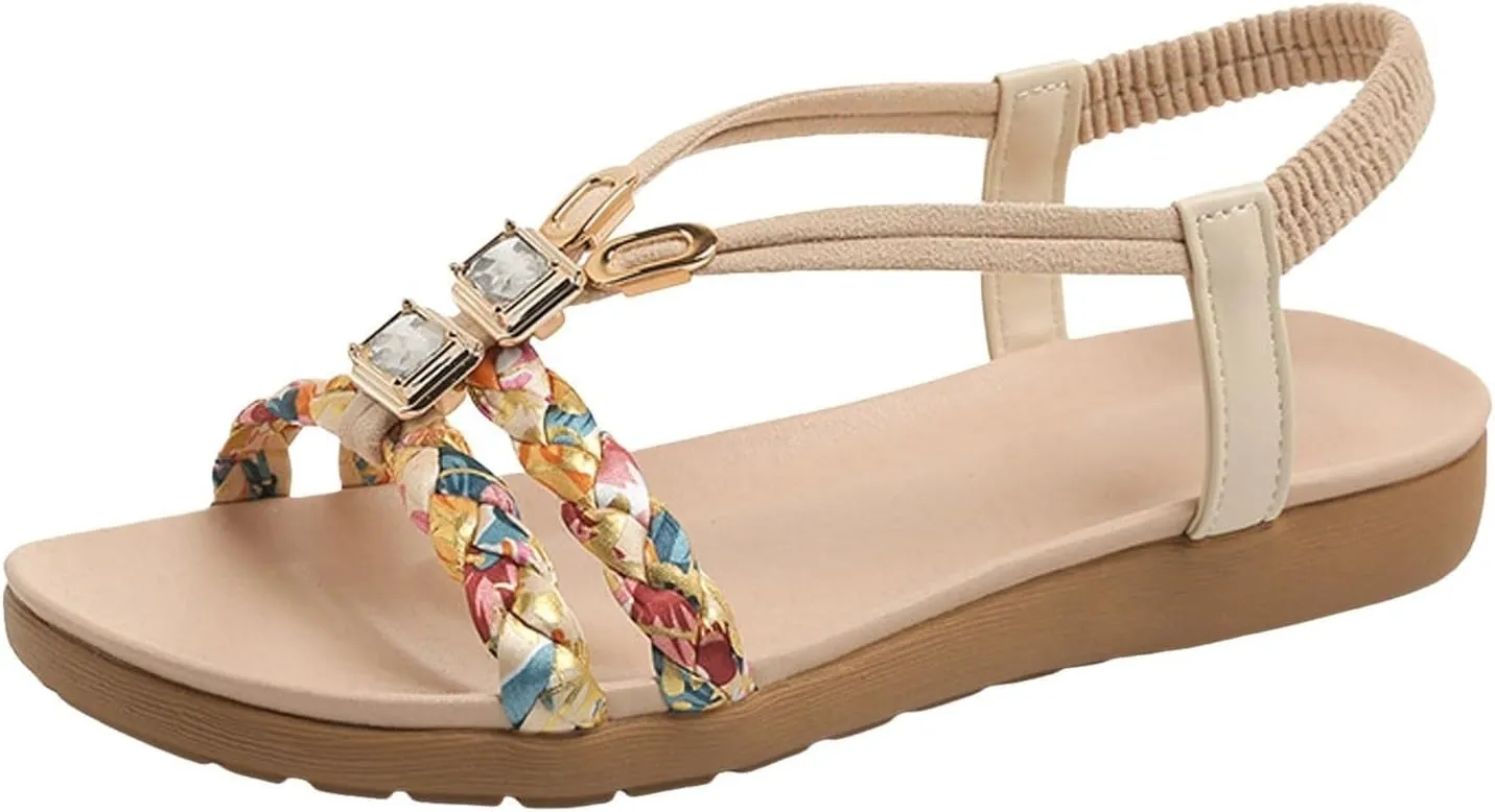 Summer Sandals for Women Bohemian Pearl Crystal Flat Sandal Open Toe Slip-On Casual Walking Shoes Comfortable Ankle Strap Outdoor Beach Shoes Orthopedic Arch Support Sandals