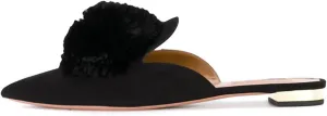 Tanaoen Mules for Women, Puff Pompom-Embellished Slip On Loafers Backless Pointed Toe Satin Mule Slides