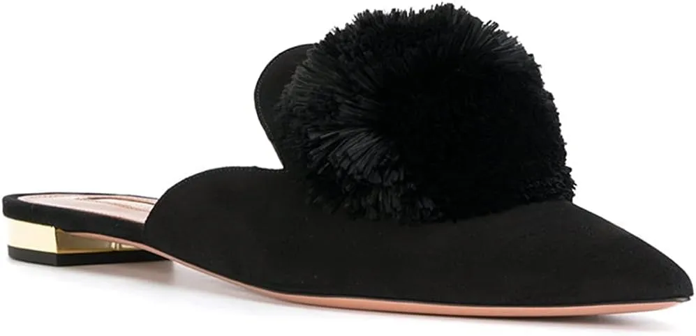 Tanaoen Mules for Women, Puff Pompom-Embellished Slip On Loafers Backless Pointed Toe Satin Mule Slides