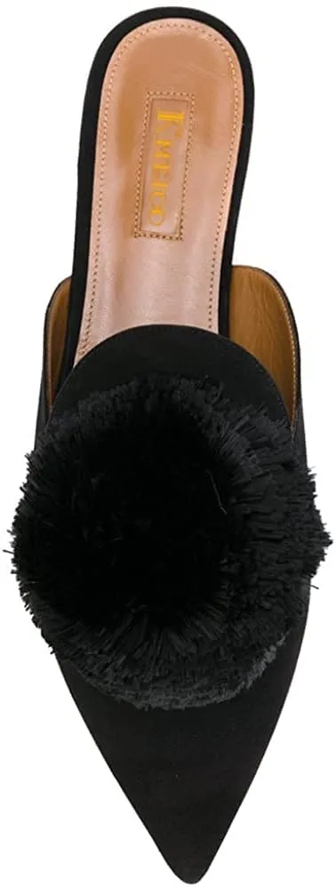 Tanaoen Mules for Women, Puff Pompom-Embellished Slip On Loafers Backless Pointed Toe Satin Mule Slides