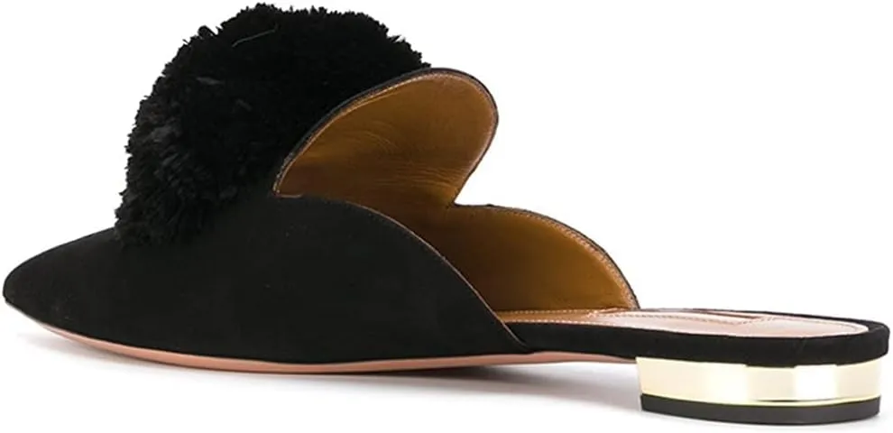 Tanaoen Mules for Women, Puff Pompom-Embellished Slip On Loafers Backless Pointed Toe Satin Mule Slides