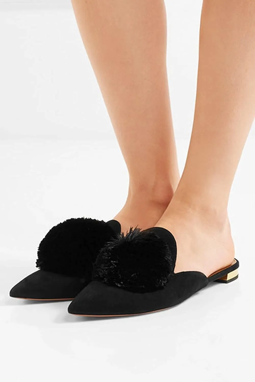 Tanaoen Mules for Women, Puff Pompom-Embellished Slip On Loafers Backless Pointed Toe Satin Mule Slides