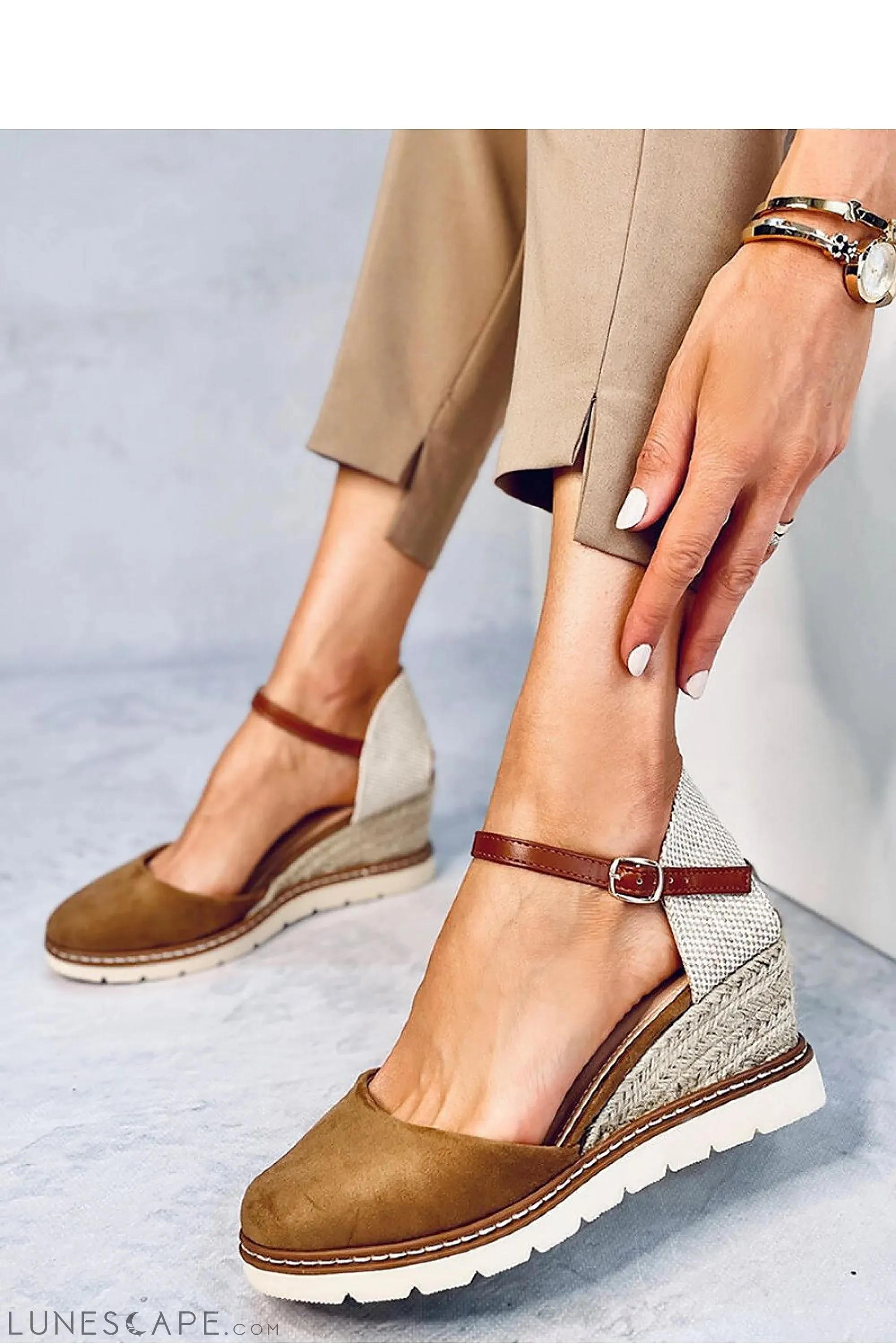 Taupe Eco-Suede Wedge Espadrilles with Contrast Sole & Ankle Strap
