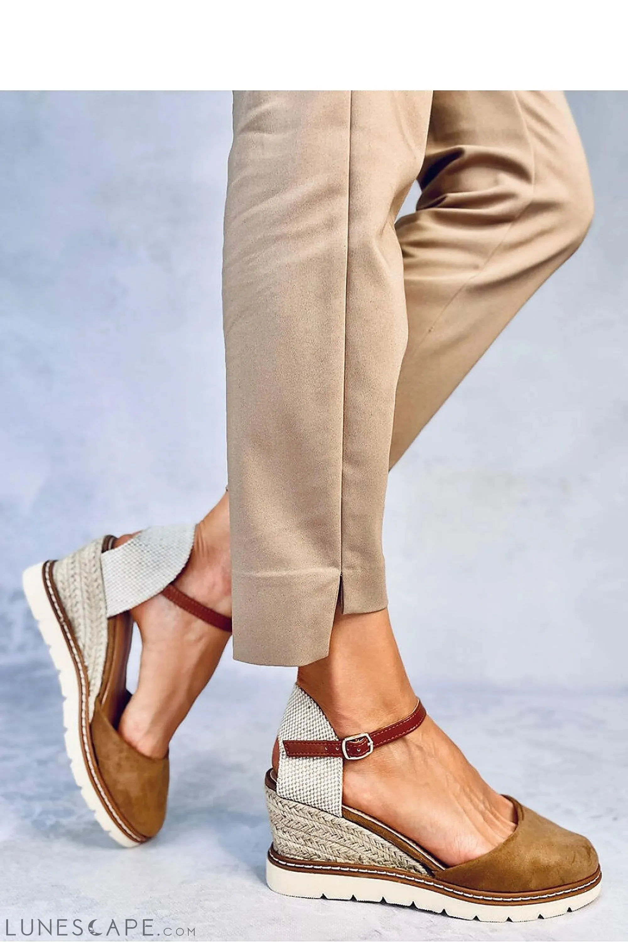 Taupe Eco-Suede Wedge Espadrilles with Contrast Sole & Ankle Strap