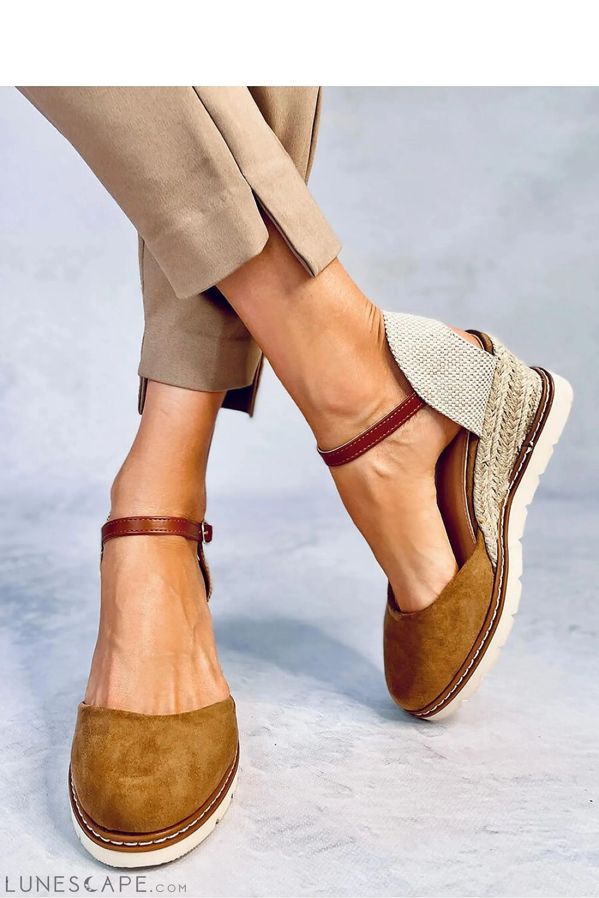 Taupe Eco-Suede Wedge Espadrilles with Contrast Sole & Ankle Strap