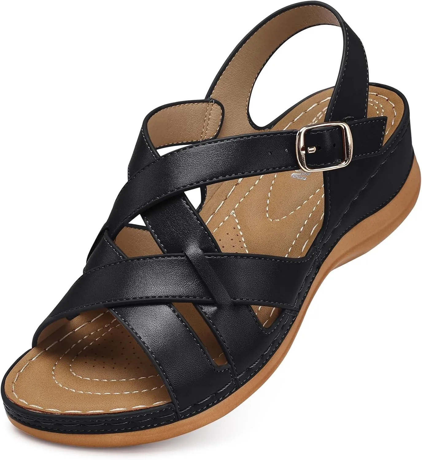 TEMOFON Flat Women Sandals Wide: Flat Summer Sandal - Black Leather Casual Sandals - Dressy Comfortable Walk Sandal for Woman Size 9
