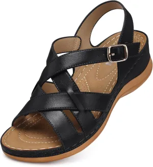 TEMOFON Flat Women Sandals Wide: Flat Summer Sandal - Black Leather Casual Sandals - Dressy Comfortable Walk Sandal for Woman Size 9