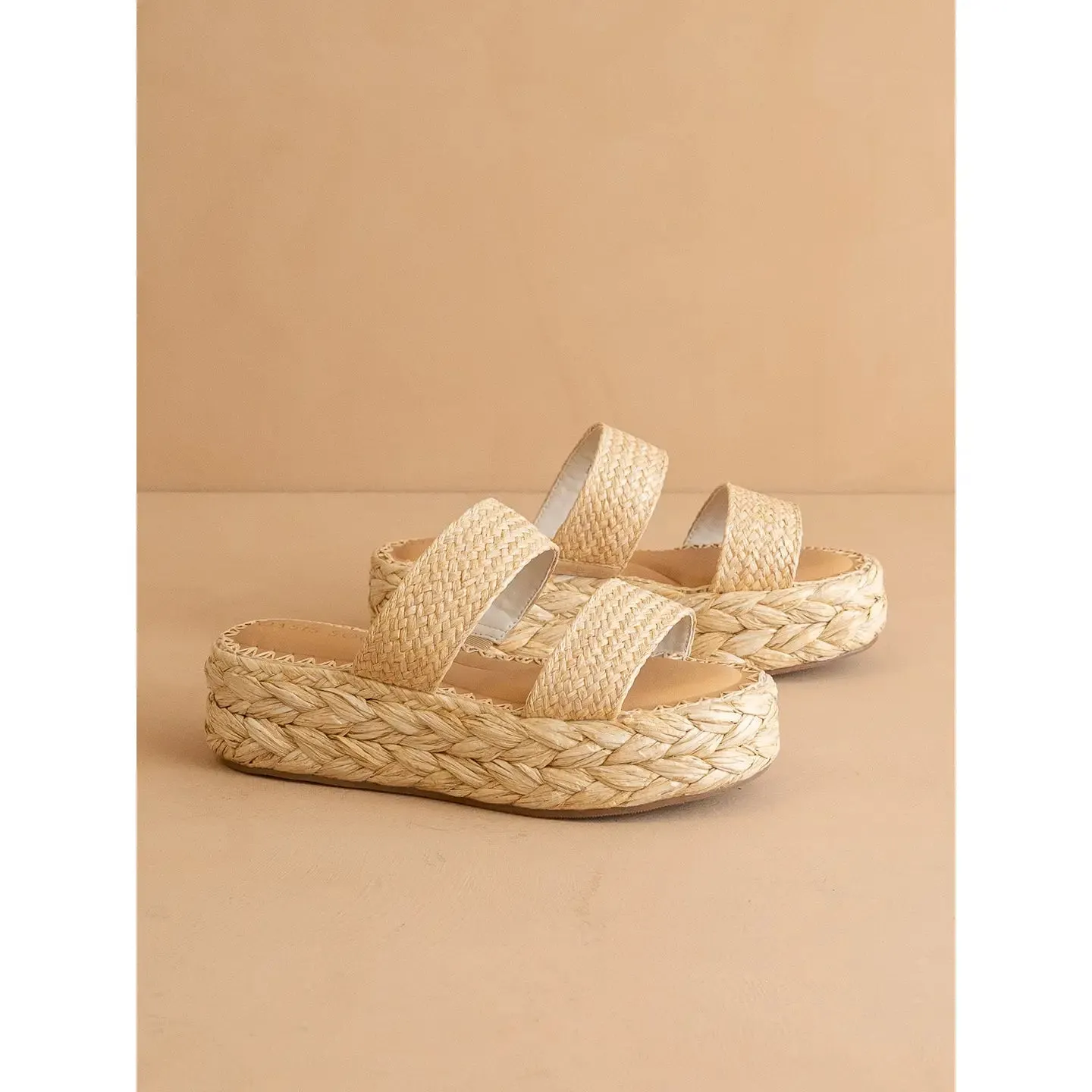 The Marley | Natural Basket Woven Double Strap Platform Slid