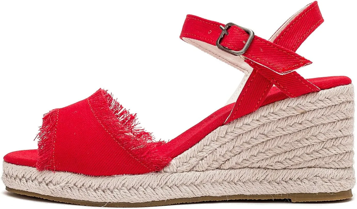 U-lite Peep Toe Canvas Espadrille Tassel Wedge Sandal for Women, Buckle Ankle Strap Flatform Casual Shoes