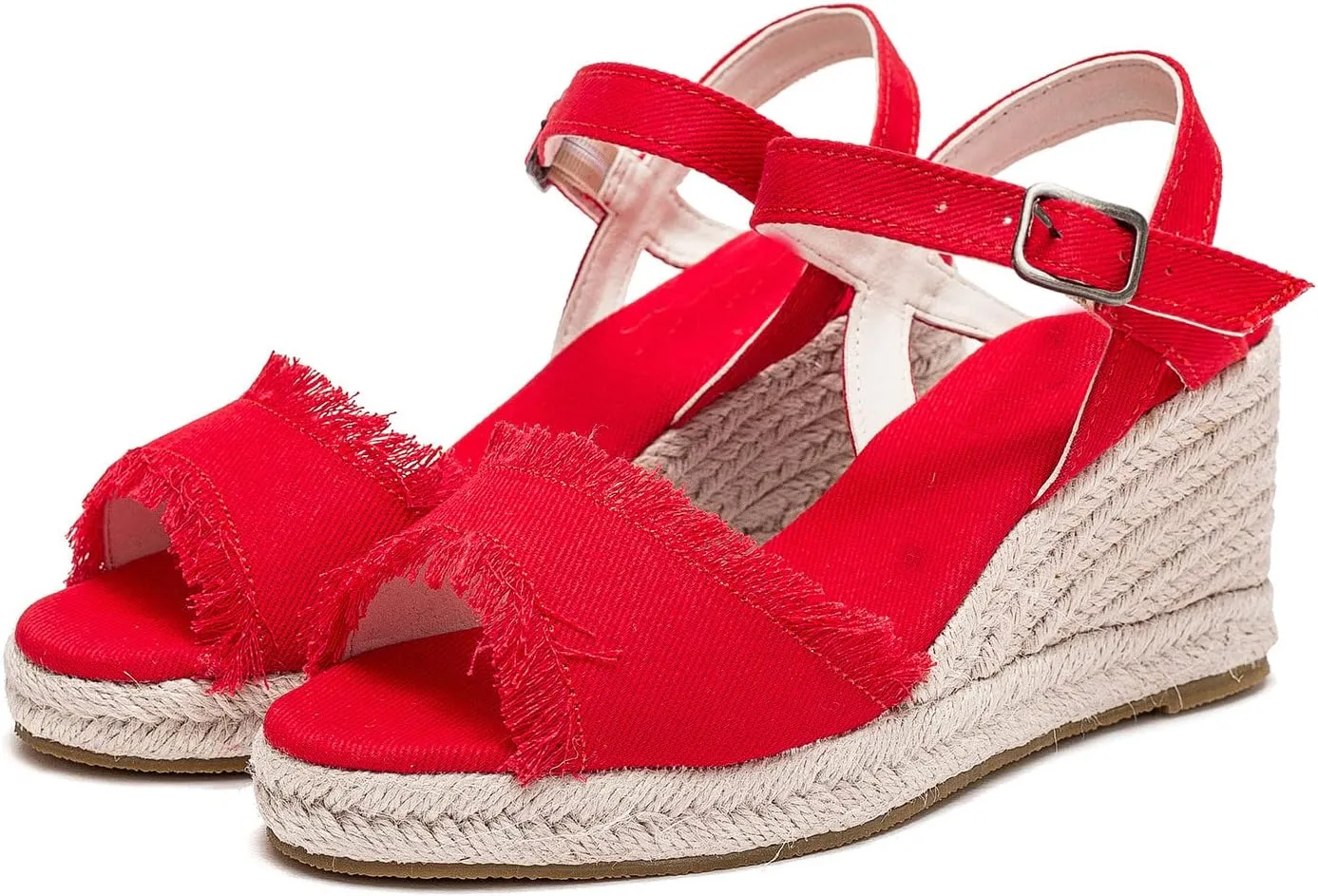 U-lite Peep Toe Canvas Espadrille Tassel Wedge Sandal for Women, Buckle Ankle Strap Flatform Casual Shoes