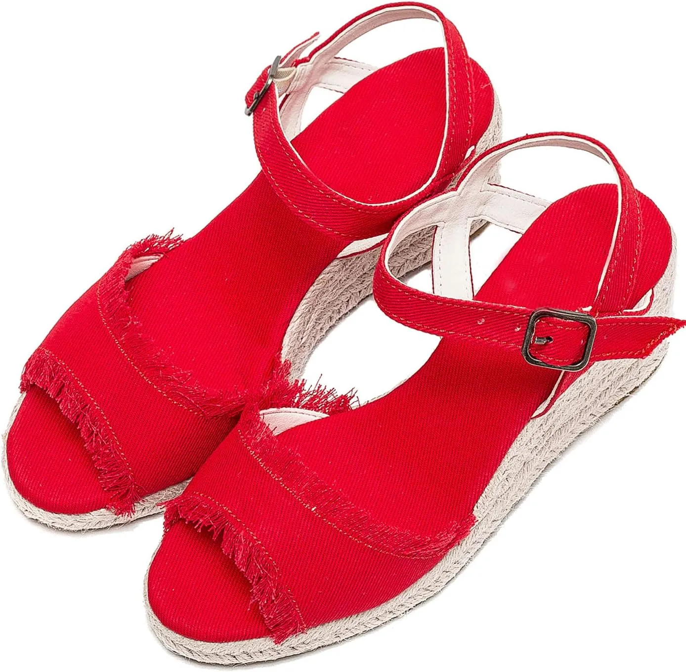 U-lite Peep Toe Canvas Espadrille Tassel Wedge Sandal for Women, Buckle Ankle Strap Flatform Casual Shoes
