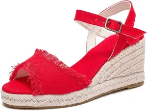 U-lite Peep Toe Canvas Espadrille Tassel Wedge Sandal for Women, Buckle Ankle Strap Flatform Casual Shoes