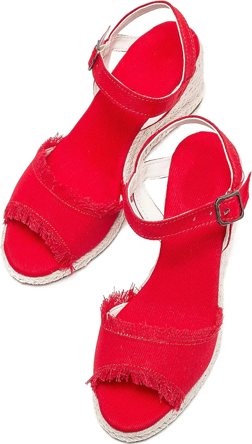 U-lite Peep Toe Canvas Espadrille Tassel Wedge Sandal for Women, Buckle Ankle Strap Flatform Casual Shoes